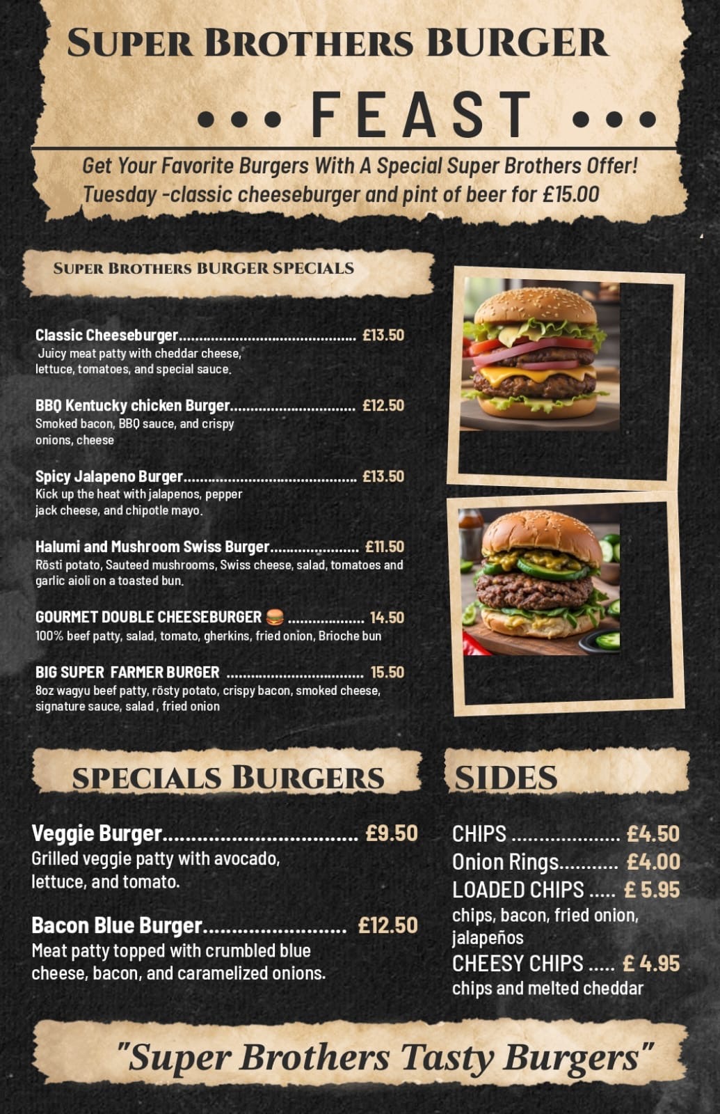 The Super Brothers Arms Spanish Restaurant New Milton Burger Menu