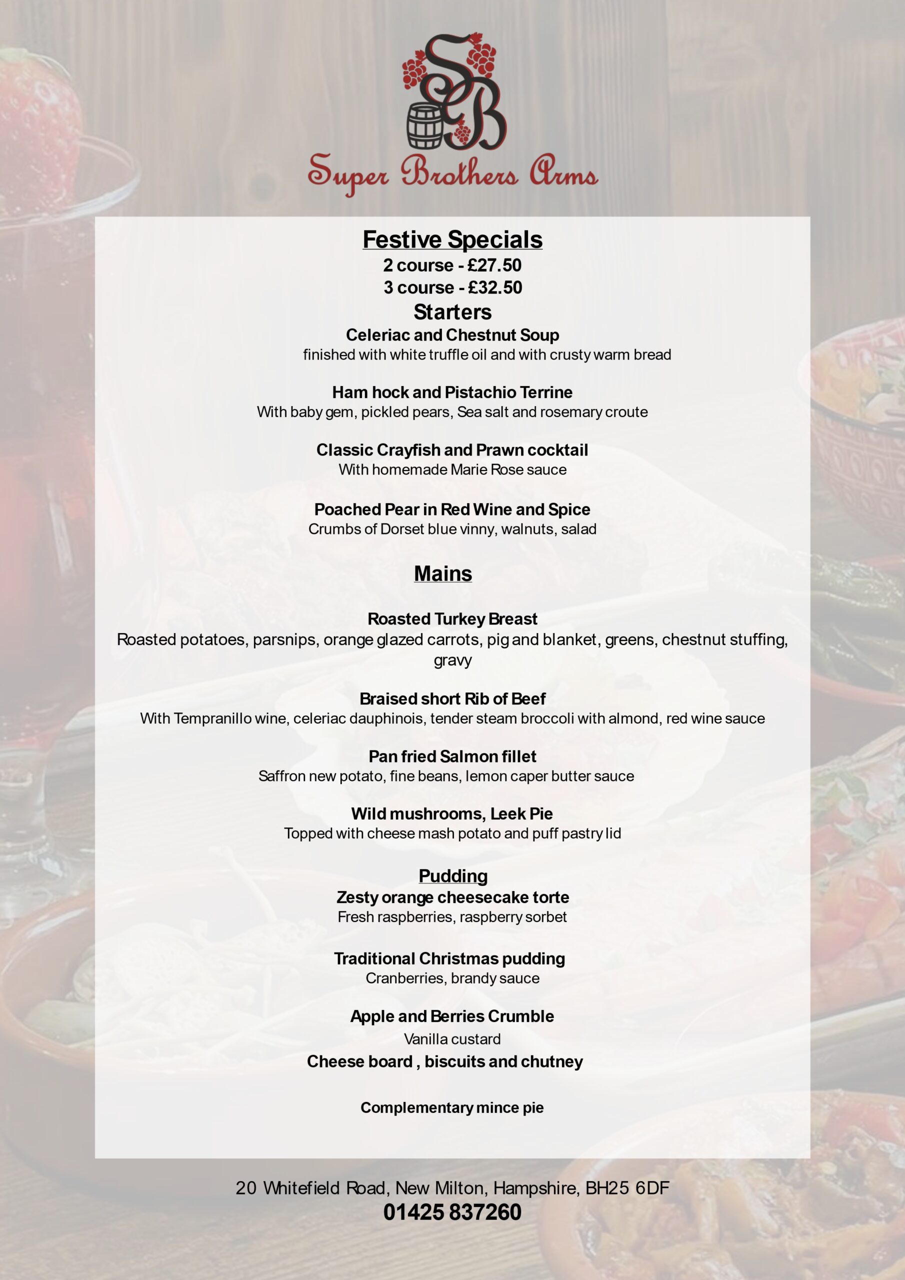 The Super Brothers Christmas menu New Milton restaurant